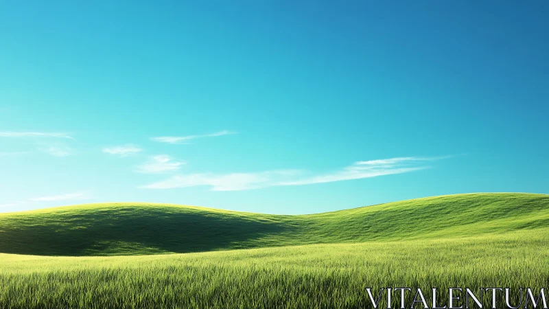 Sunlit green hills curve beneath clear cyan sky.