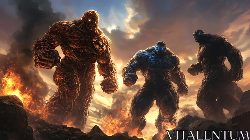 Elemental humanoid giants advancing through fire and smoke.