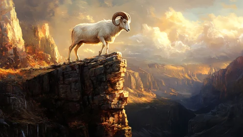 Mountain goat on cliff edge in illuminated canyon landscape.