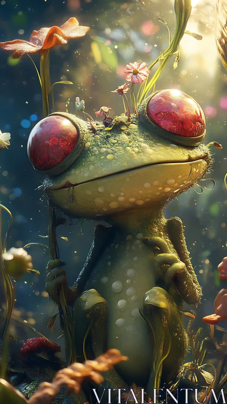 Whimsical red-eyed frog rendered in luminous forest glade.