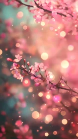 Luminescent Cherry Blossoms Dance in Golden Bokeh Reverie.
