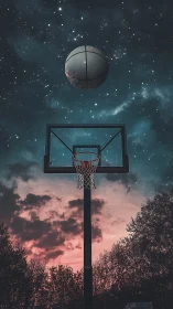 Basketball hoop silhouette under starry sky with rising ball