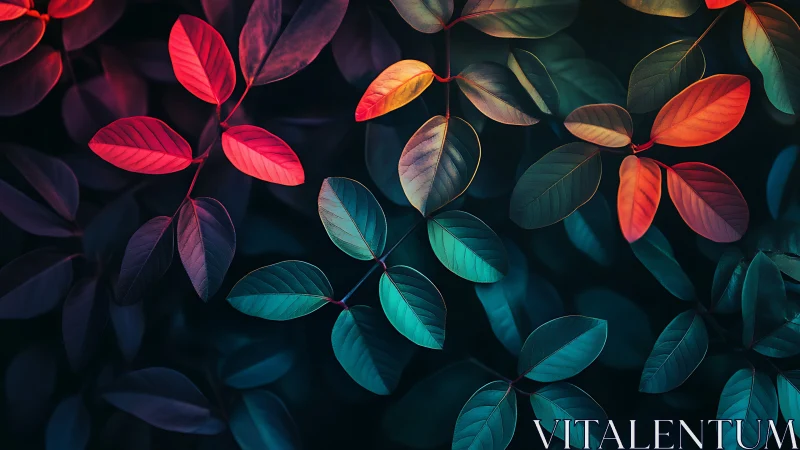 Glowing rainbow leaves in a dreamy twilight garden.