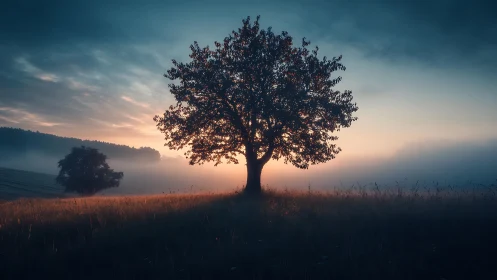 Solitary field tree against low sun in misty landscape.