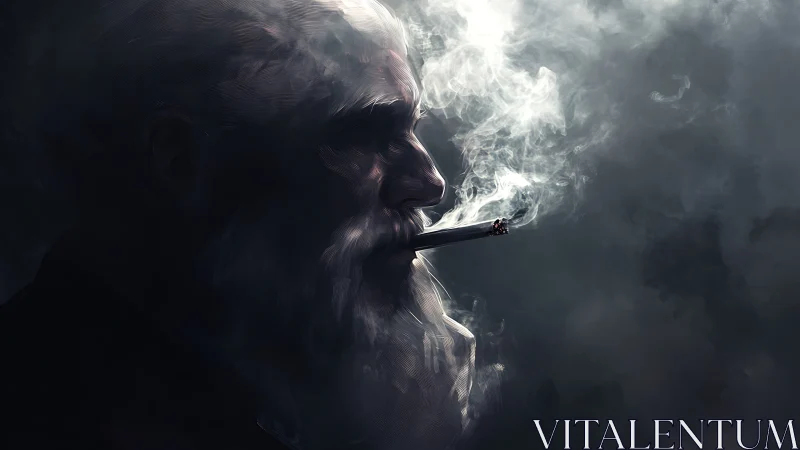 Digital painting portrait of smoking elder in chiaroscuro profile.