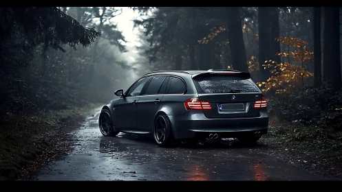 Tuned BMW touring wagon on wet forest road under diffuse mist light
