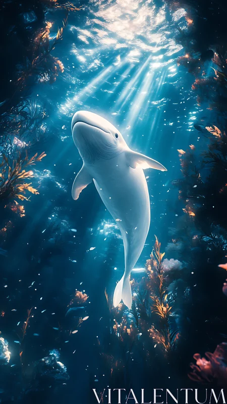 Beluga whale in volumetric caustic light within kelp forest.