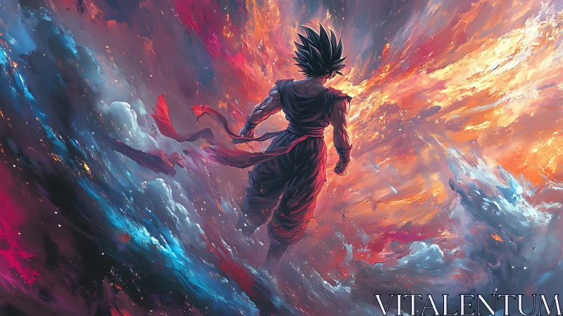 Warrior silhouette amid swirling cosmic firestorm.