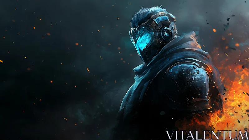 Armored sci fi figure with visor amid fire and smoke.