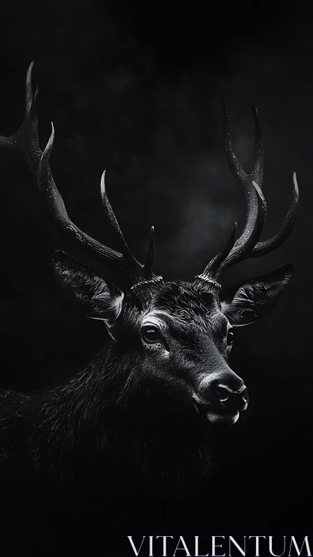 Photorealistic low‑key portrait of stag with wet antlers.