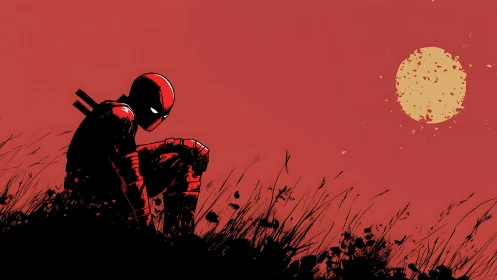Solitary masked warrior at dusk in minimalist red field.