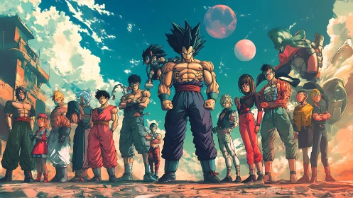 Epic anime battle ensemble stands beneath twin alien moons