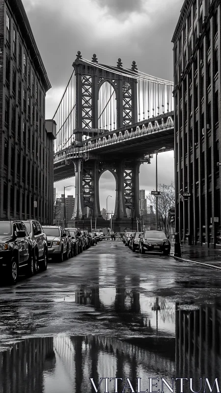 Monochrome urban bridge corridor with reflective wet street.