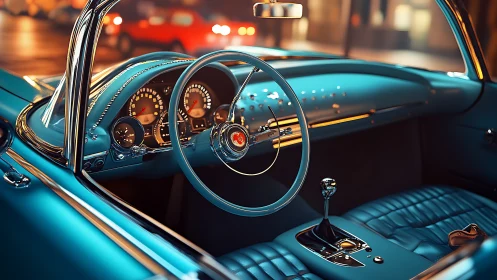 Classic teal coupe interior glows under city night lights.