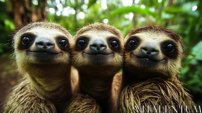 Three young sloths close together in lush green jungle.