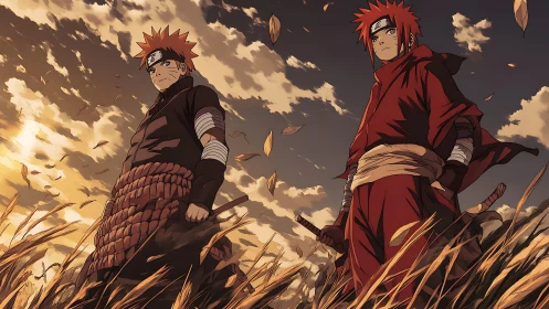 Two red-haired warriors standing in autumn wheat field at dusk.