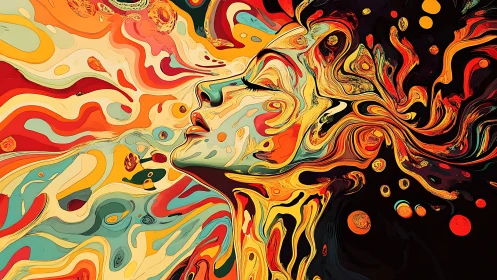 Surreal female profile dissolves into swirling chromatic waves