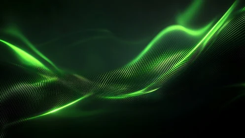 Neon green data waves arc across dark abstract digital space
