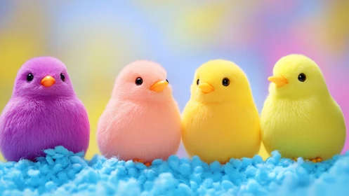Colorful fluffy chicks share a soft, joyful pastel moment