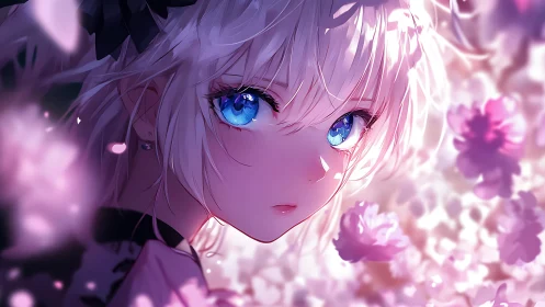 White haired anime girl with blue eyes among pink blossoms.