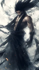 Dark-haired warrior in swirling tattered black robes stands poised.