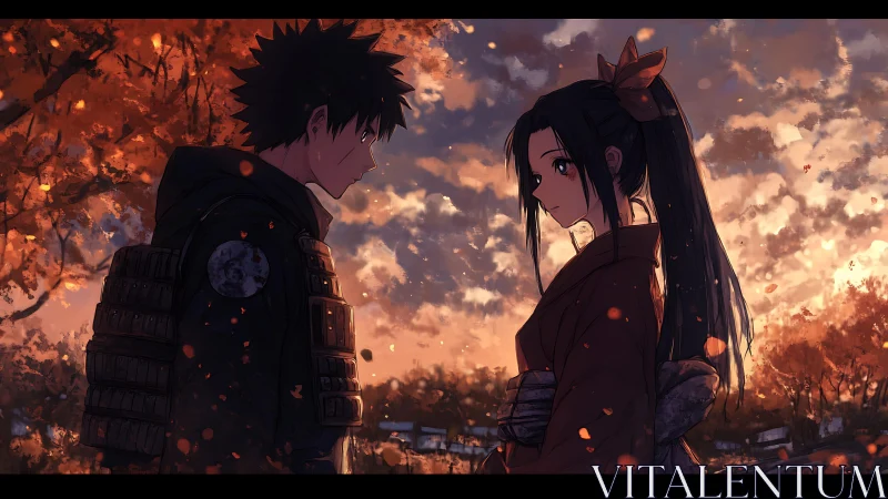 Autumn-lit anime couple framed by backlit foliage and warm dusk