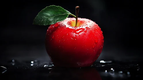 High-contrast macro study of wet red apple on glossy surface