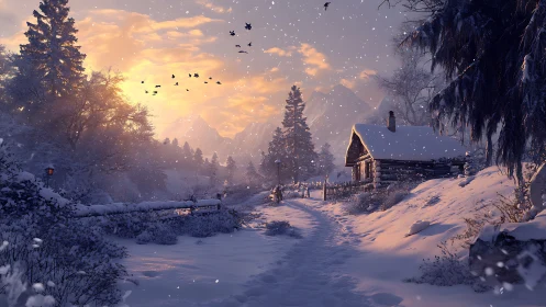Snowy mountain cabin at sunset with drifting snowfall.