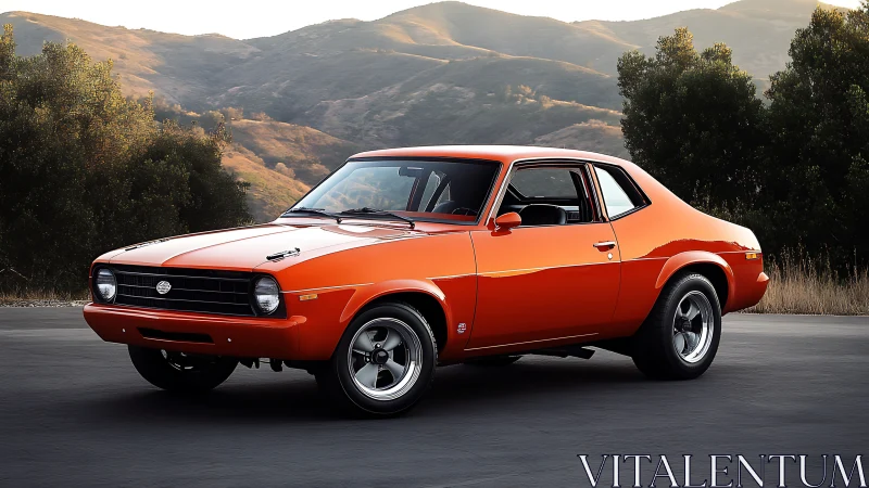 Sunlit orange classic coupe cruising into golden hills.