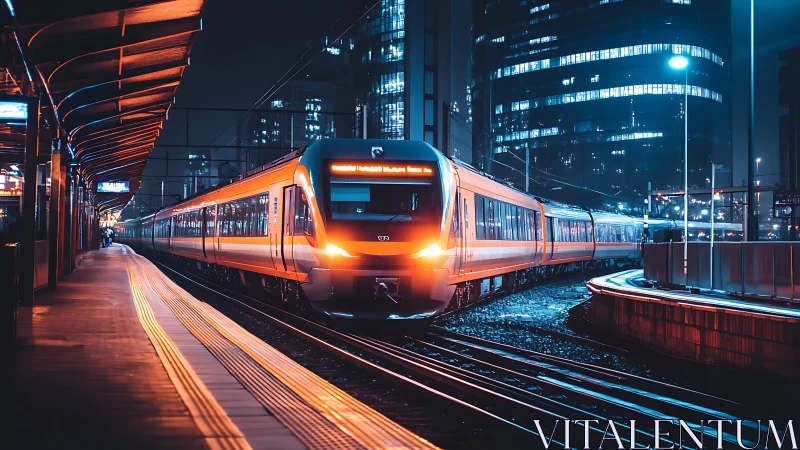 Neon city night train gliding through glowing rail lines.