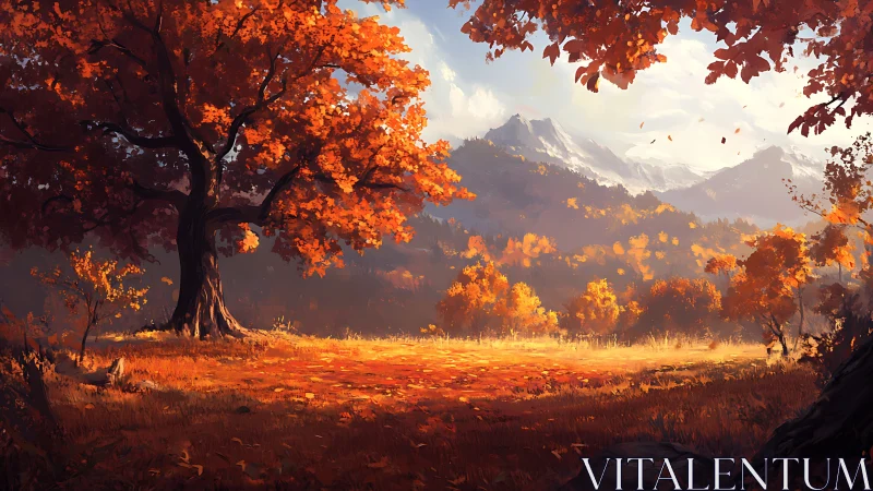 Autumn tree and distant snowcapped mountains in sunlight.