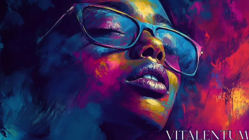 Neon-infused digital portrait with reflective glasses and bold light