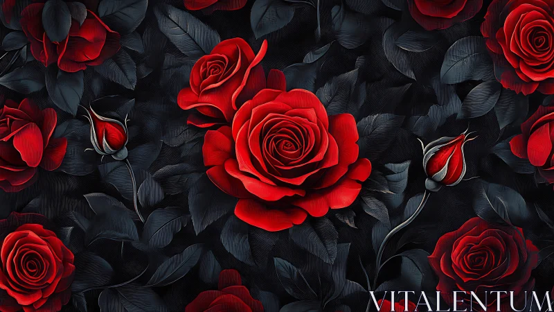 Red Roses with Dark Foliage on Black Background