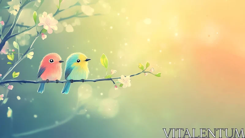Two Cute Colorful Birds on a Blossoming Branch, Soft Pastel Art.