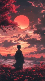 Silent sunset stroll beneath a glowing crimson sky.