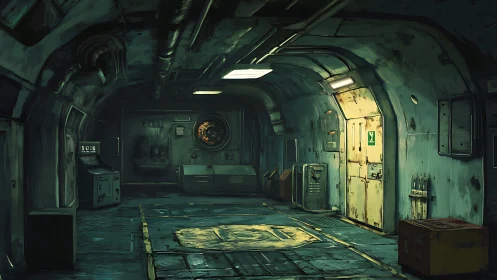 Deserted underground bunker corridor with exit door glow.