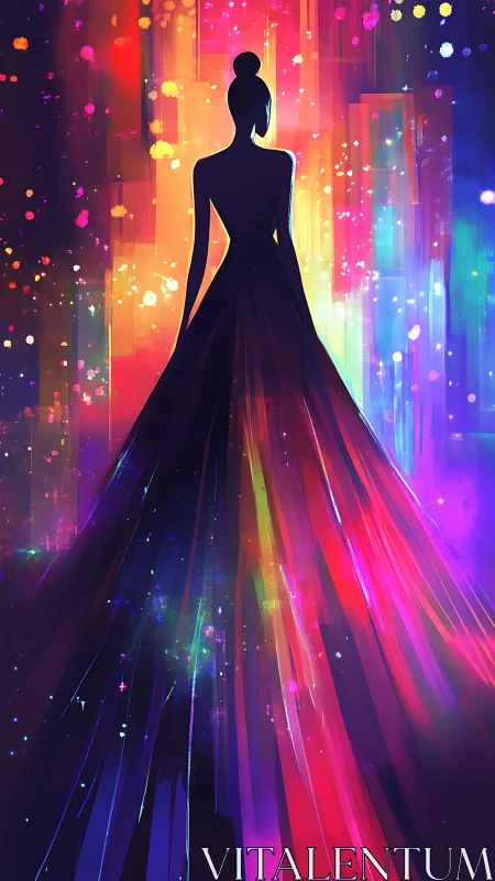 Silhouetted figure in prismatic evening gown amid vertical light fields