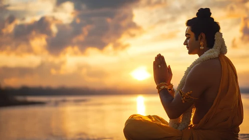 Serene devotional figure meditating riverside at warm sunset