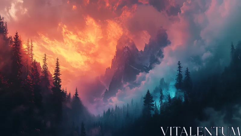Dramatic sunset over forested mountains with layered clouds