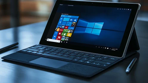 Detachable Windows 10 tablet on desk with backlit keyboard case