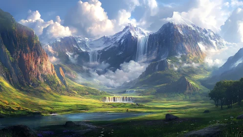 Sunlit alpine valley with cascading crystal waterfalls.