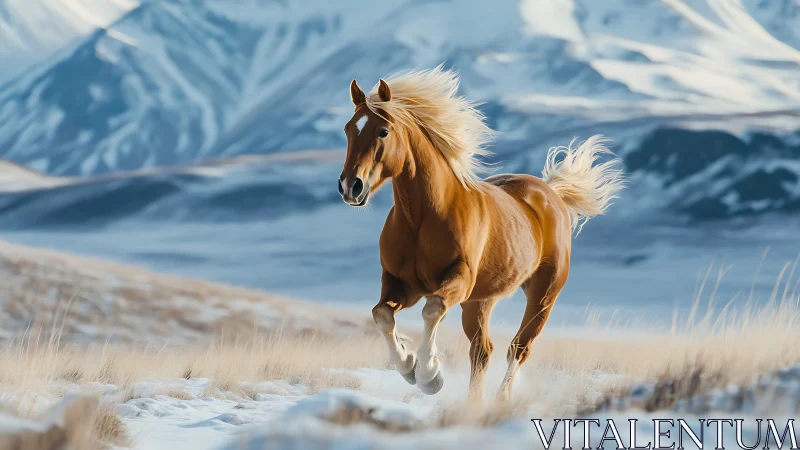 Golden horse runs through a vast sunlit winter mountain plain