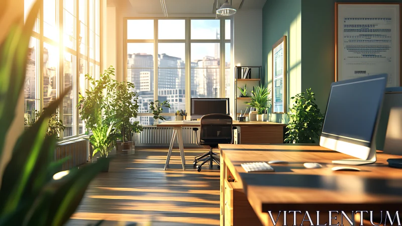 Biophilic open-plan workstation with parametric daylighting control.