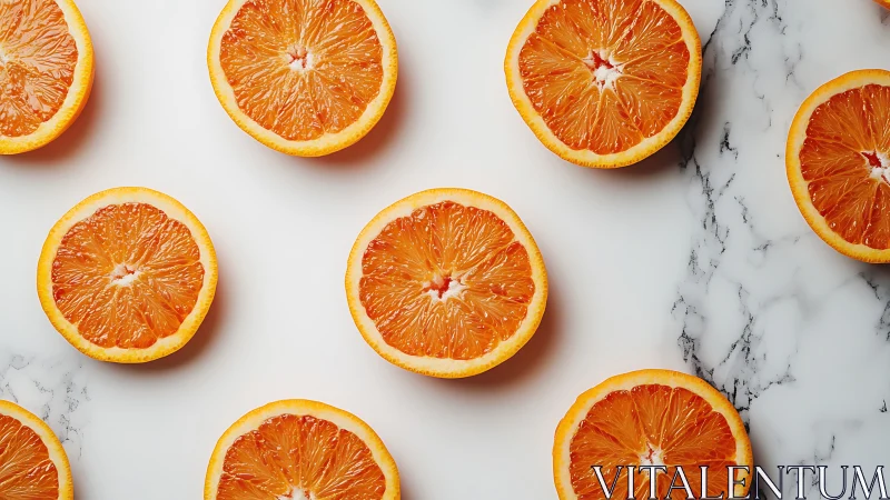 Orange slices form clean pattern on white marble surface