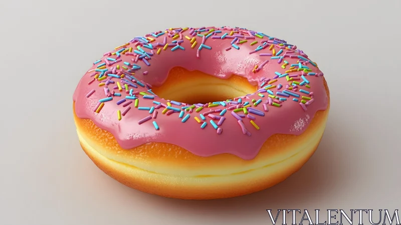 Realistic pink frosted donut with colorful sprinkles, 3D render.