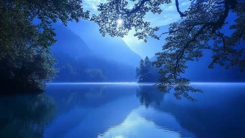 Moonlit sapphire lake cradled by misty mountains and trees.