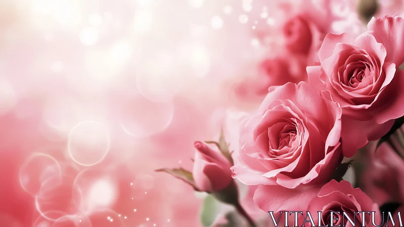 Delicate Pink Roses Bloom Against Soft Bokeh Background.