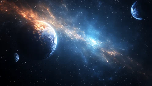 Illuminated exoplanet with molten terminator beside luminous nebular axis