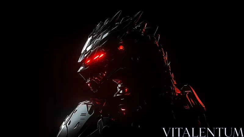 Cyberpunk mech dragon profile with red neon rim lighting.