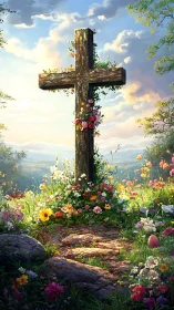 Wooden cross rising over sunlit wildflower meadow at dawn.